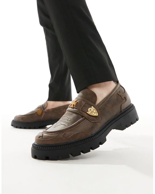 ASOS Black Tan Leather Loafers With Western Details for men