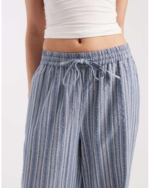 Vero Moda Blue Cotton Seersucker Tie Waist Wide Leg Trouser