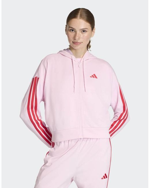 Adidas Originals Pink Essentials 3-Stripes French Terry Full-Zip Hoodie