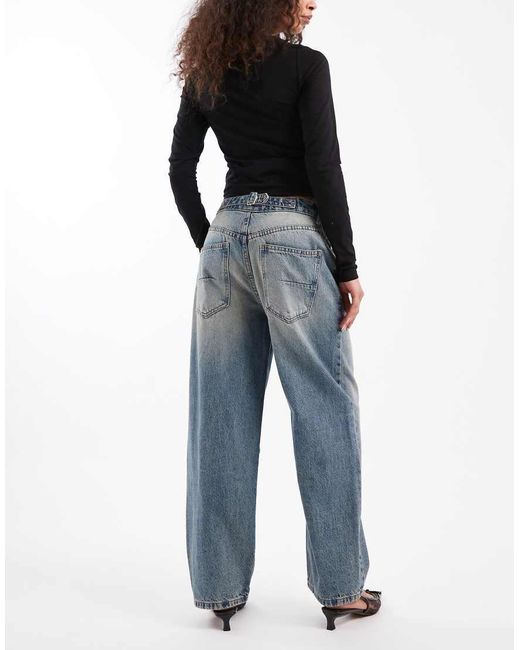 ASOS Blue Ankle Grazer Barrel Jeans With Cinch Waist