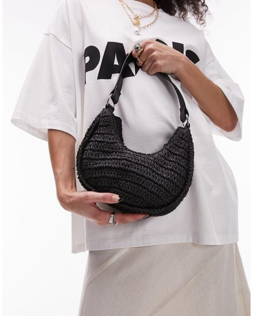 TOPSHOP Gray Sacha Straw Scoop Shoulder Bag With Contrast Handle