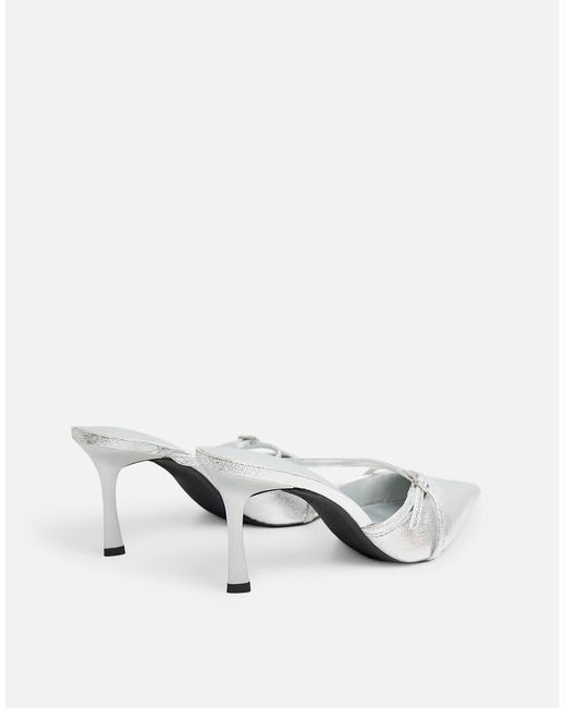 Public Desire White Casanova Cracked Buckle Detail Pointed Toe Mid Heel Mules