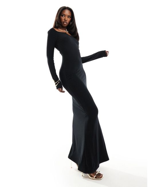 Fashionkilla Black Super Soft Notch Front Long Sleeve Maxi Dress
