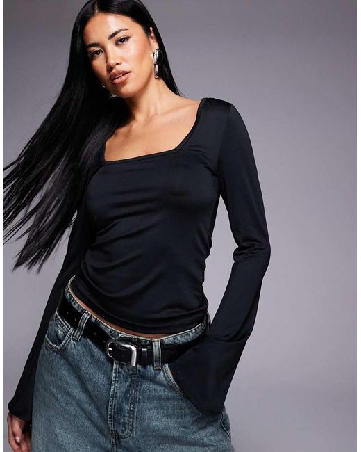 Threadbare Black Slinky Square Neck Long Sleeve Top