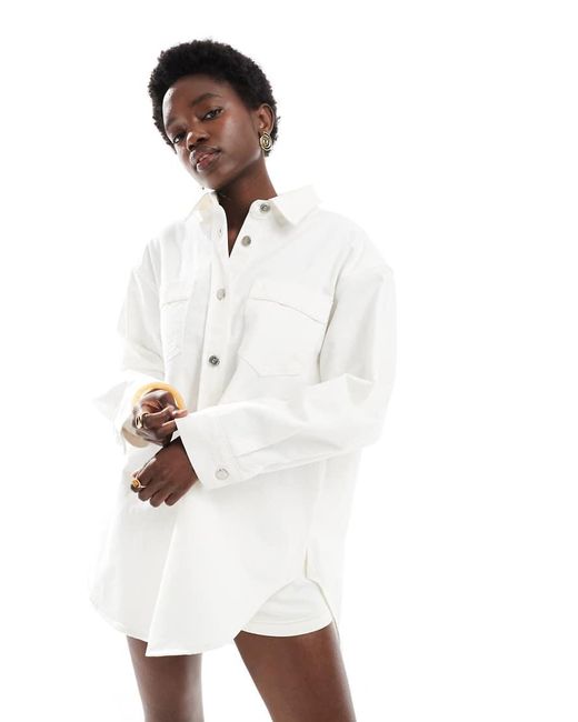 Miss Selfridge White Oversized Button Up Mid Wash Denim Shirt Dress