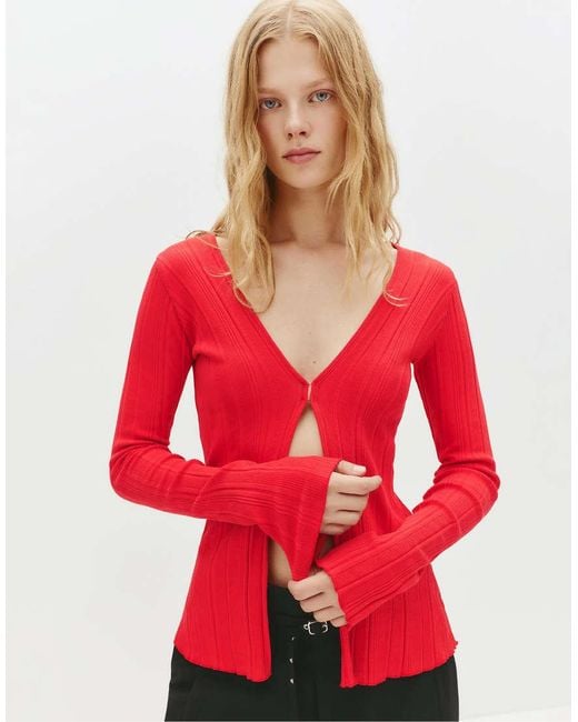 Pull&Bear Red Long Sleeve Hook And Eye Top