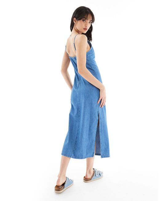 ASOS Blue Soft Denim Midi Dress With Boat Neck And Side Split