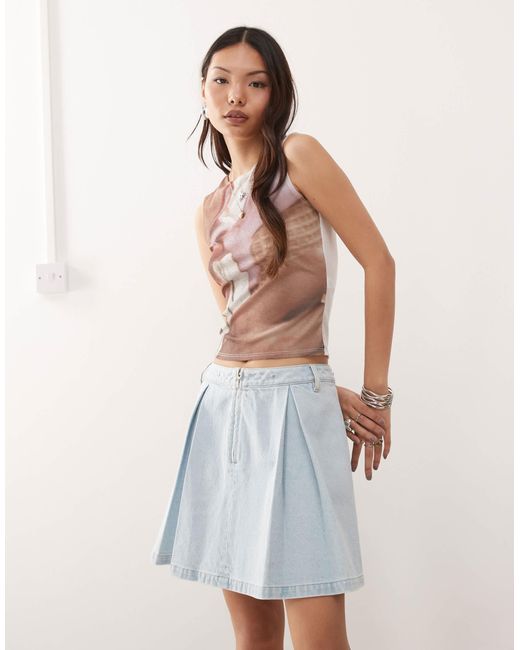 Monki Blue Pleated Mini Denim Skirt