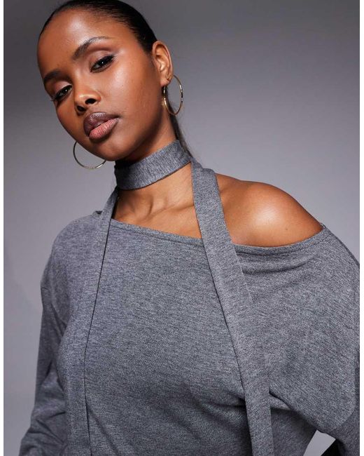 ASOS Gray Long Sleeve Mini Dress With Skinny Scarf