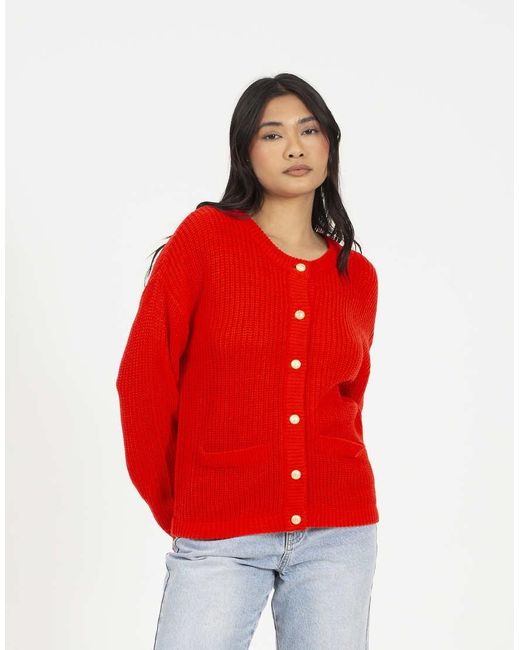 Brave Soul Red Round Neck Fisherman Knit Cardigan