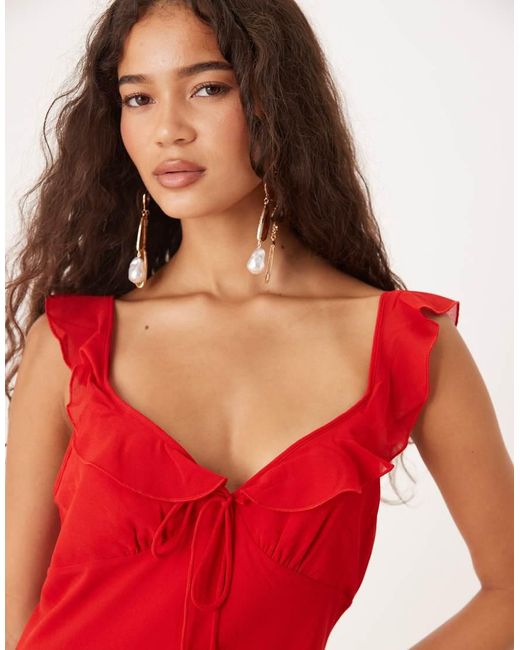 Mango Red Tie Front Ruffle Sleeve Midi Dress