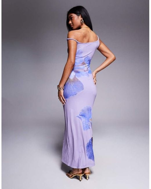 Kaiia Blue Exclusive Double Layered Slinky Mesh Floral Twist Off Shoulder Maxi Dress
