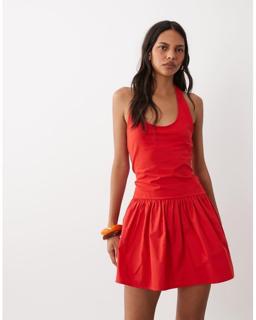 ASOS Red Scoop Halter Mini Dress With Cotton Poplin Skirt