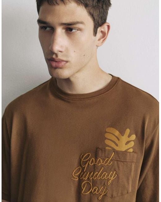 Pull&Bear Brown Boxy-fit Graphic Pocket T-shirt for men