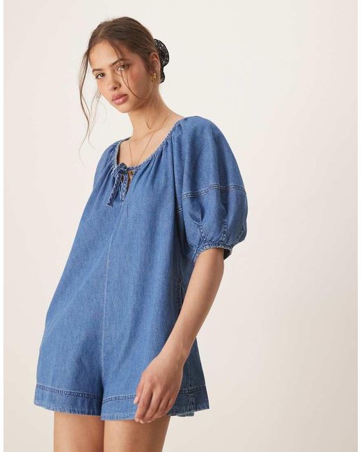 ASOS Blue Soft Denim Playsuit With Balloon Sleeves