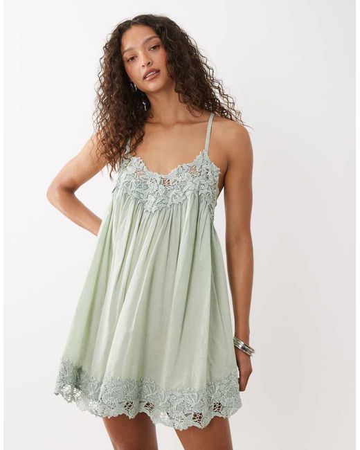ASOS Natural V Neck Cami Mini Dress With Lace Trims