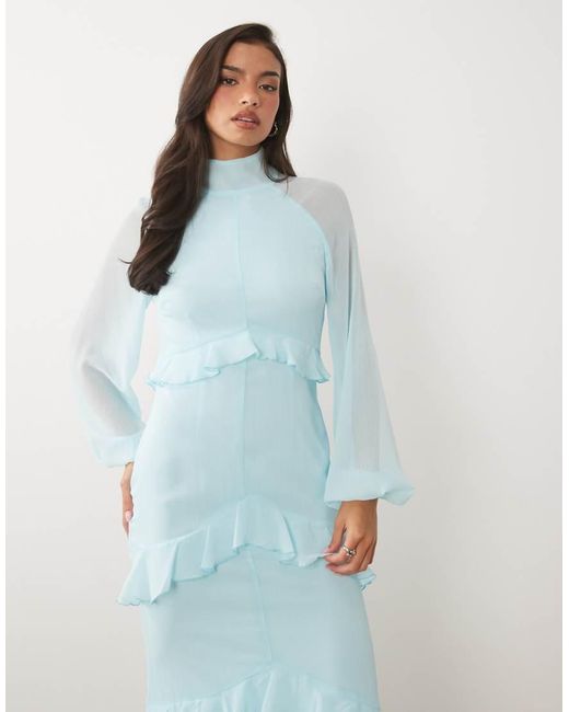 DASKA Blue Chiffon Tiered Frill High Neck Maxi Dress