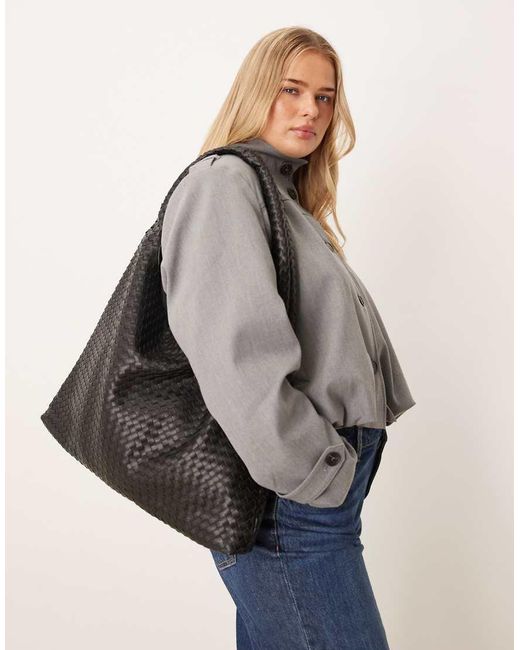 Gina Tricot Gray Large Slouchy Faux Suede Braided Weave Shoulder Bag