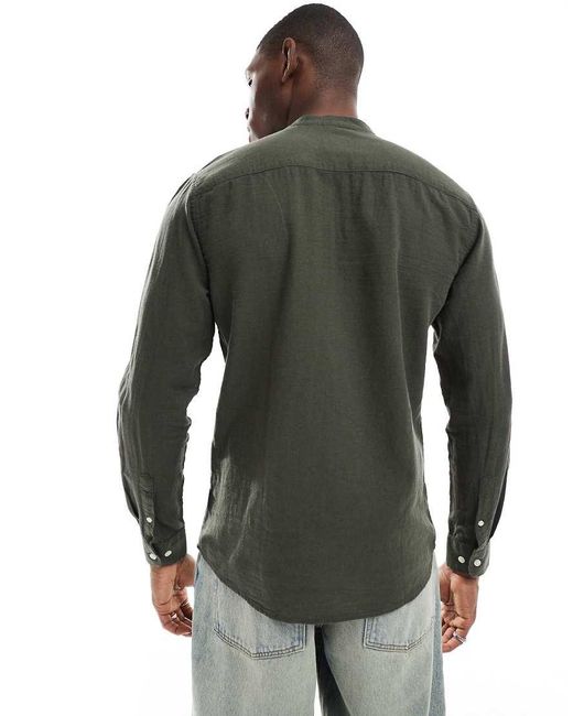 Only & Sons Gray Linen Mix Grandad Collar Shirt for men