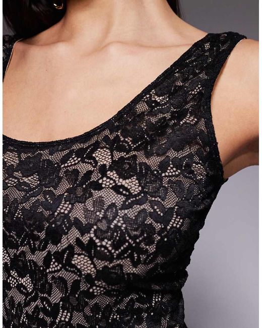 GOOD AMERICAN Black Stretch Scoop Neck Tank Lace Bodysuit