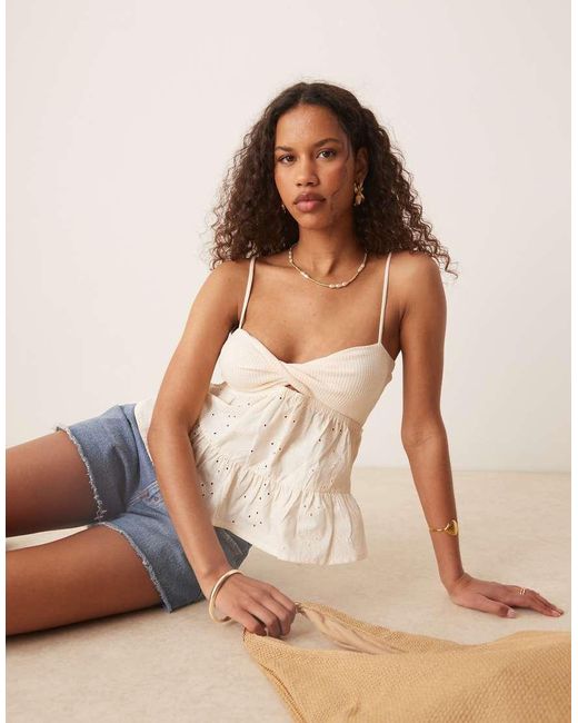ASOS Natural Broderie Sun Top With Twist Detail