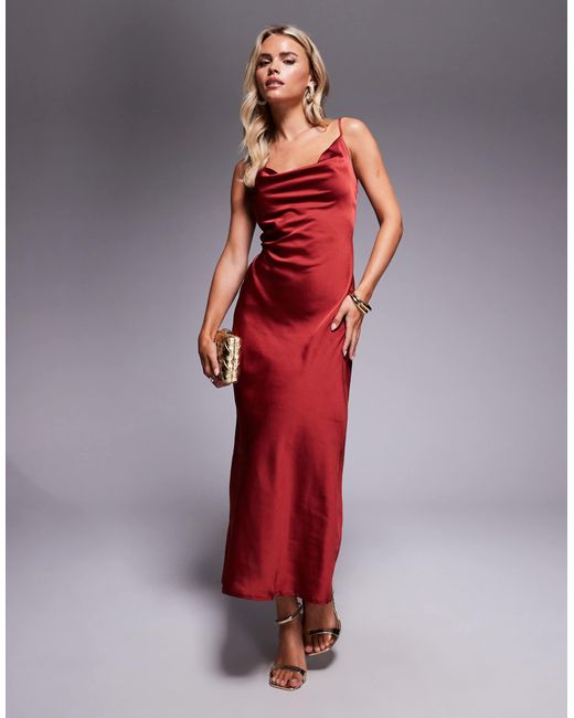 New Look Red Satin Cowl Neck Midi Dress