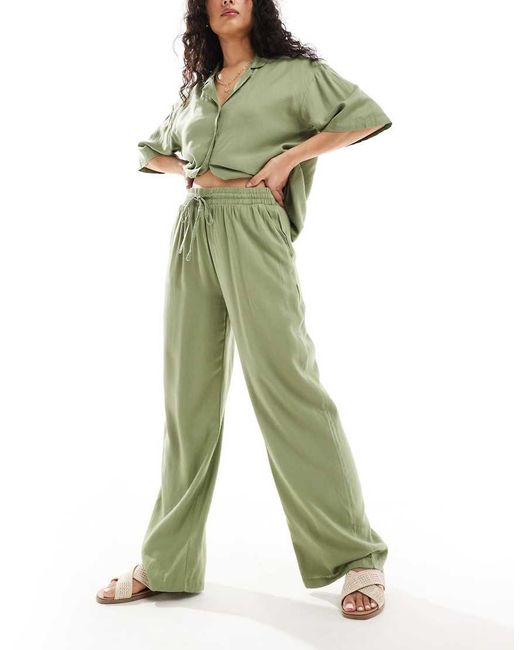 Vila Green Linen Touch Tie Waist Wide Leg Trousers Co-ord