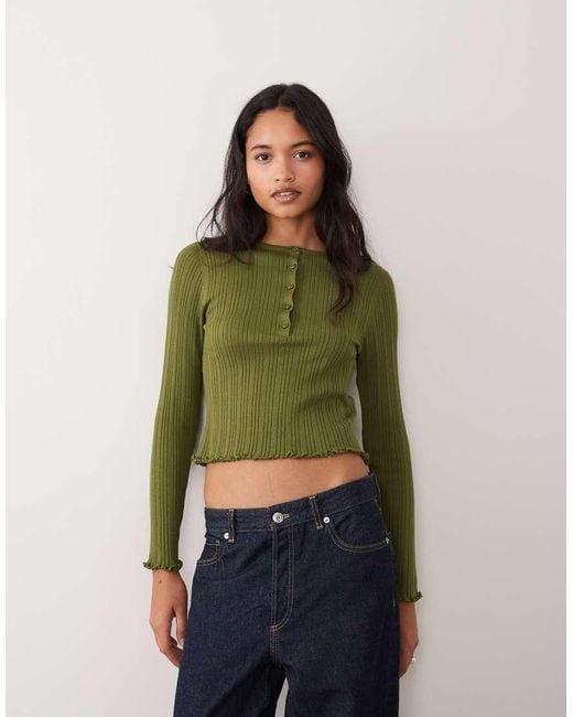 Miss Selfridge Green Rib Knit Henley Button Top