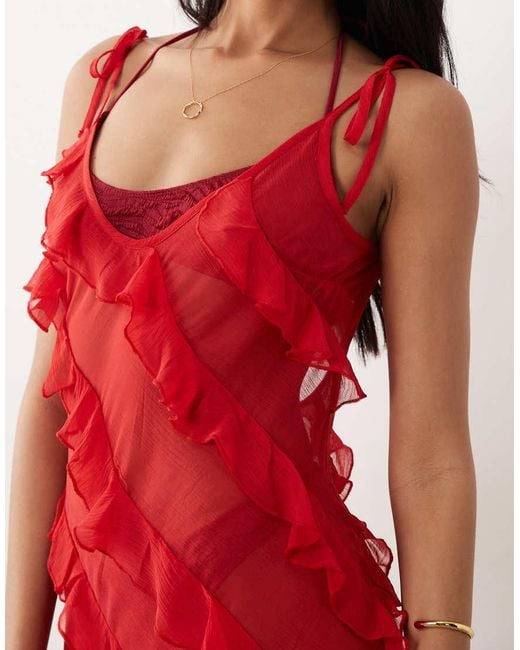 Miss Selfridge Red Beach Asymmetric Ruffle Low Back Maxi Dress