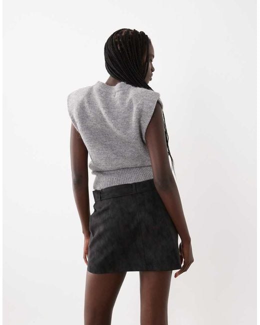 New Look Gray Belted A-Line Faux Suede Mini Skirt