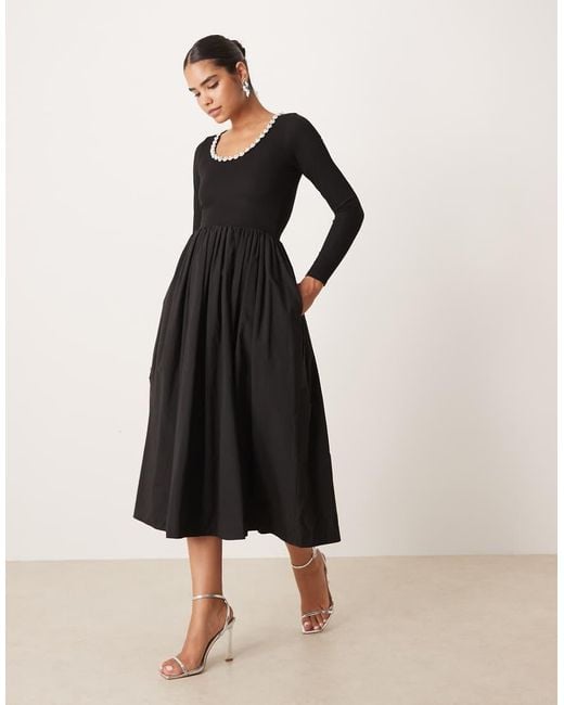 Sister Jane Black Embellished Scoop Ribbed Jersey Mix Midi Dress With Full Skirt