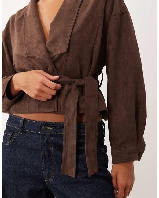 Lioness Brown Ritz Faux Suede Collar Detail Belted Jacket