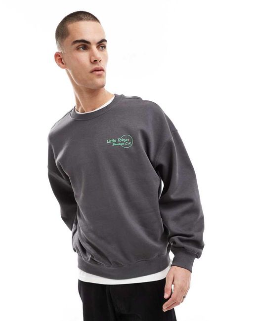 Felpa Oversize Color Antracite Con Stampa "Little Tokyo" Sul Retro di Only & Sons in Gray da Uomo