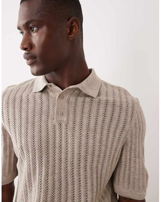 ASOS Natural Knitted Pointelle Stitch Button Polo for men