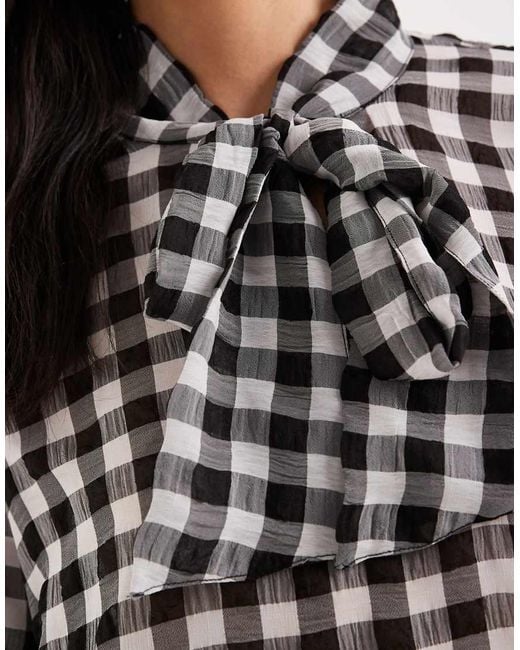 Vero Moda Black Tie Neck Gingham Blouse With Tiered Cuffs