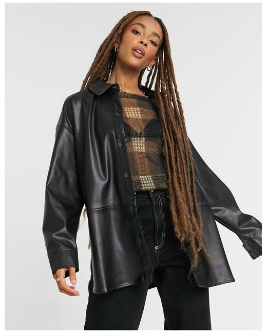 Pull&Bear Faux-leather Overshirt in Black