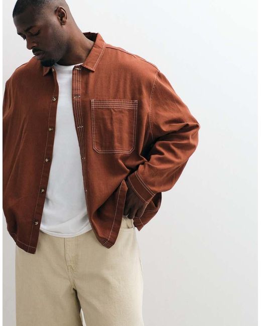 ASOS Brown Boxy Oversized Cotton Twill Shirt With Contrast Stitch for men