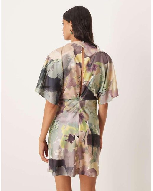 ASOS Brown Satin High Neck Blouson Mini Dress With Flutter Sleeve