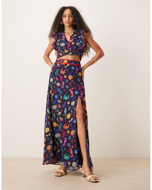 Hope & Ivy Blue Ruffle Sleeve Tie Back Cropped Top Co-Ord
