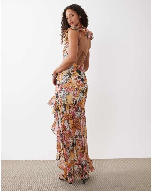 ASOS Brown Frill Sleeve Cowl Asymmetric Hem Maxi Dress