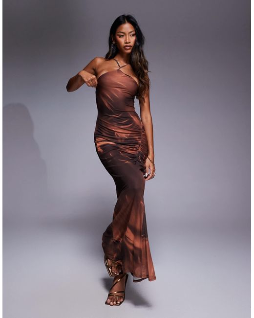 ASOS Purple Thin Halter Strap Mesh Maxi Dress With Ruching Detail