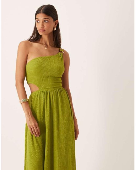 ASOS Green Textured One Shoulder Cut Out Waist With Hardware Detail Maxi Dress