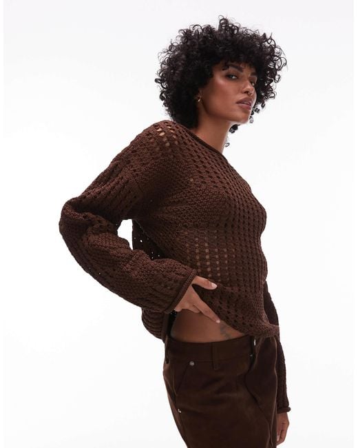 TOPSHOP Women's Brown Knitted Crochet Sweater With Floral Detail