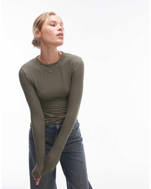 TOPSHOP Brown Premium Rib Long Sleeve Top