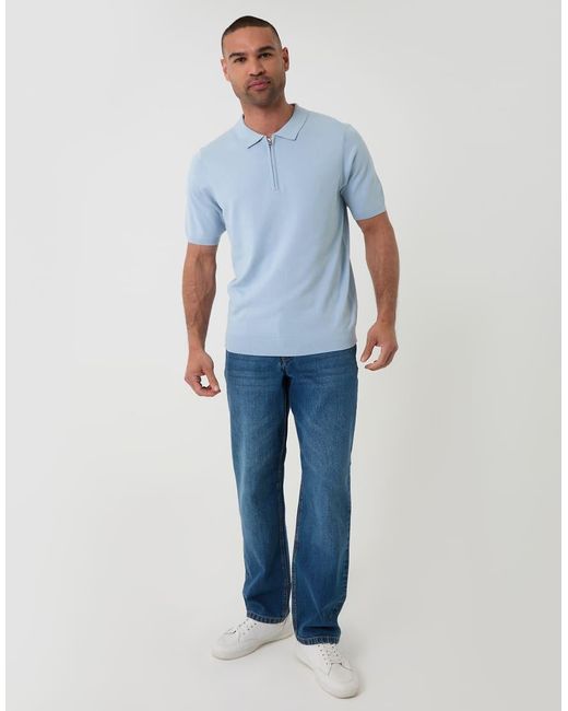 Threadbare Blue Quarter Zip Knitted Polo for men