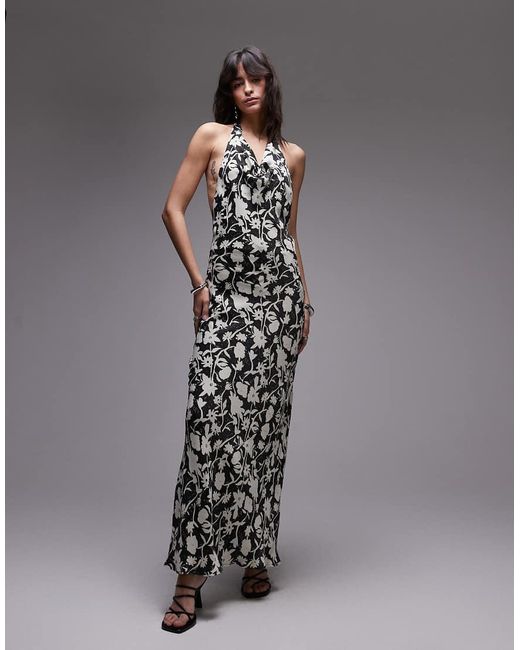 Vestido Largo Con Estampado Floral Y Cuello Halter Subido De Satén De TOPSHOP de color Gray