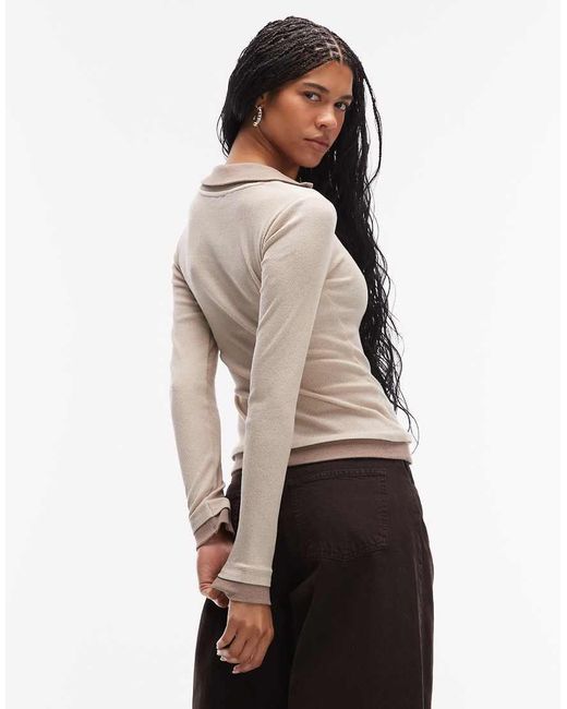 ASOS Natural Long Sleeve V-neck Top With Collar