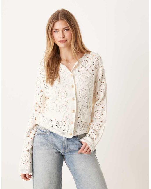 Y.A.S White Circle Crochet Knit Cardigan With Gold Button Detail