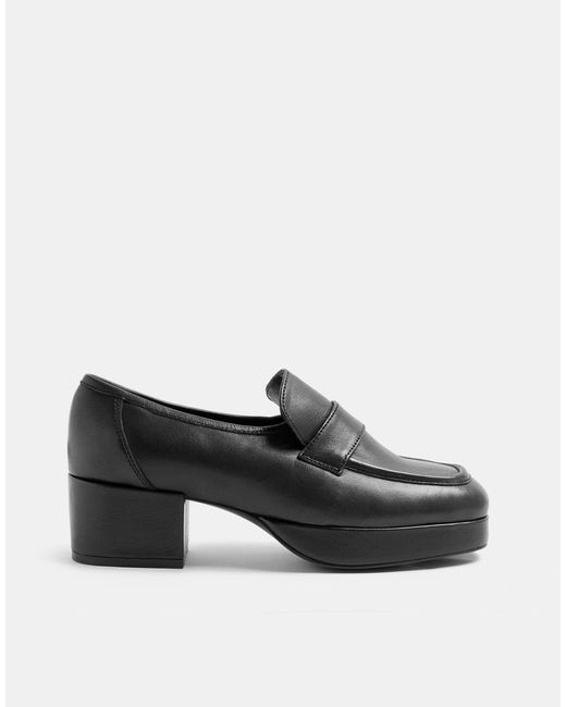 TOPSHOP Felix Leather Heeled Platform Loafer in Black | Lyst