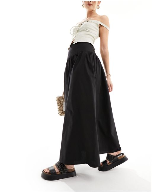 ASOS Black Dropped Waist Cotton Poplin Maxi Skirt